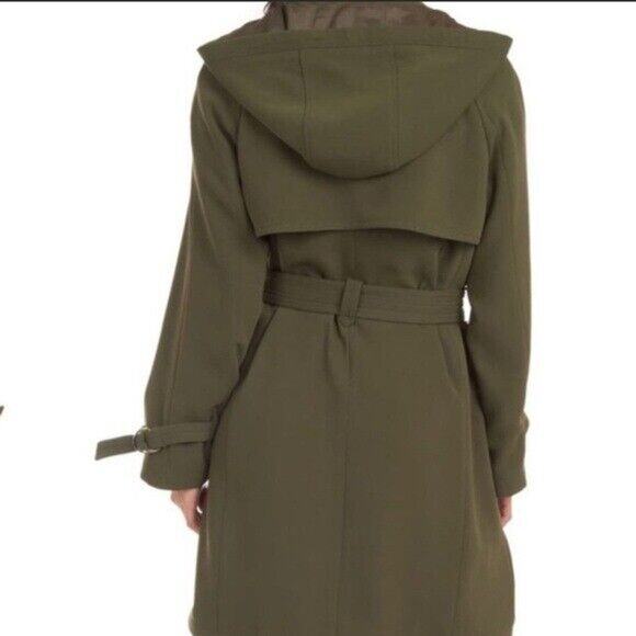NWT Rachel Roy dark green water repellent crepe hooded trench coat w/ pockets - Picture 2 of 12
